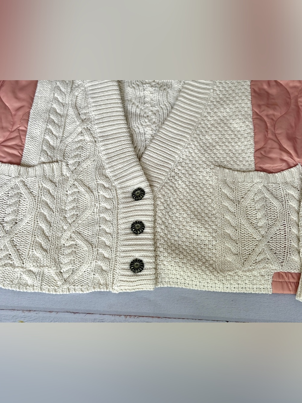 POL Cream Cable Knit Cardigan Quilted Pink Satin Patchwork Button Front Size M - Picture 7 of 15
